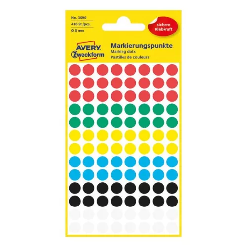 Etikett AVERY 3090 öntapadó jelölőpont vegyes 6 szín 8mm 416 jelölőpont/csomag