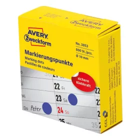   Etikett AVERY 3853 öntapadó jelölőpont adagoló dobozban kék 10mm 800 jelölőpont/doboz