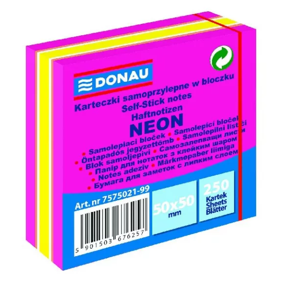 Öntapadós jegyzettömb DONAU 50x50 mm 250 lap vegyes neon színek rózsaszín Öntapadós jegyzettömb DONAU 50x50 mm 250 lap vegyes neon színek rózsaszín