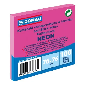   Öntapadós jegyzettömb DONAU 76x76 mm 100 lap neon rózsaszín