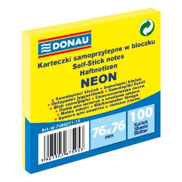 Öntapadós jegyzettömb DONAU 76x76 mm 100 lap neon sárga