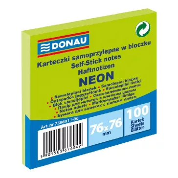 Öntapadós jegyzettömb DONAU 76x76 mm 100 lap neon zöld