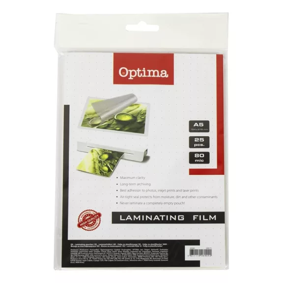 Lamináló fólia OPTIMA A/5 80 mikron fényes 25/csom Lamináló fólia OPTIMA A/5 80 mikron fényes 25/csom