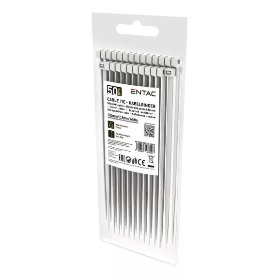 Kábelkötegelő-gyorskötöző ENTAC 100mm x 2,5mm fehér 50 darabos Kábelkötegelő-gyorskötöző ENTAC 100mm x 2,5mm fehér 50 darabos