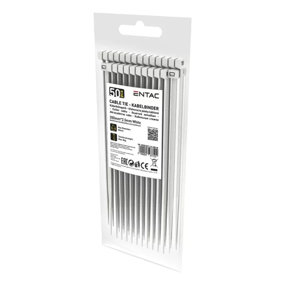 Kábelkötegelő-gyorskötöző ENTAC 200mm x 2,5mm fehér 50 darabos Kábelkötegelő-gyorskötöző ENTAC 200mm x 2,5mm fehér 50 darabos