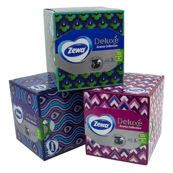 Papírzsebkendő ZEWA Deluxe 3 rétegű 60 darabos dobozos Aroma Collection Papírzsebkendő ZEWA Deluxe 3 rétegű 60 darabos dobozos Aroma Collection