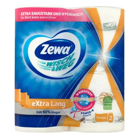 Kéztörlő tekercses háztartási ZEWA Wisch & Weg Extra Long Design 2 tekercses 2 rétegű Kéztörlő tekercses háztartási ZEWA Wisch & Weg Extra Long Design 2 tekercses 2 rétegű