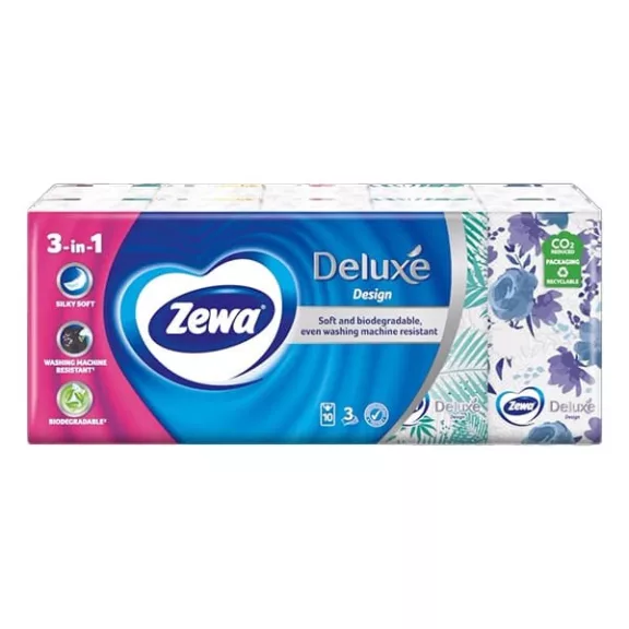 Papírzsebkendő ZEWA Deluxe Design 3 rétegű 10x10 darabos Papírzsebkendő ZEWA Deluxe Design 3 rétegű 10x10 darabos