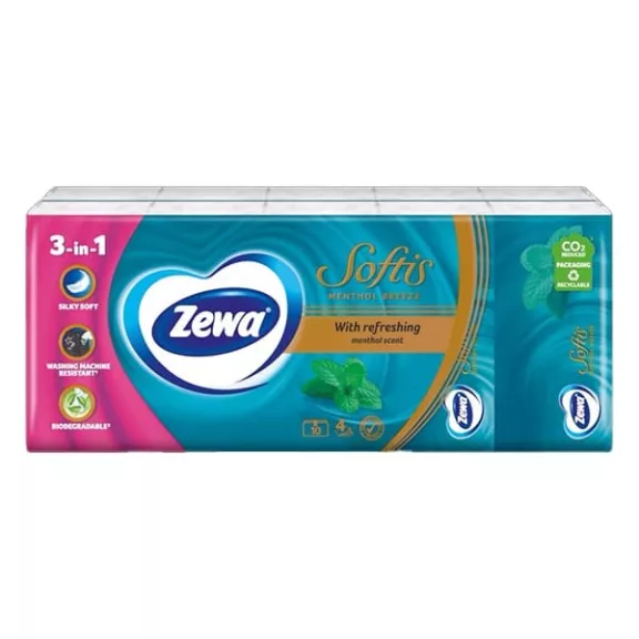 Papírzsebkendő ZEWA Softis Menthol Breeze 4 rétegű 10x9 darabos Papírzsebkendő ZEWA Softis Menthol Breeze 4 rétegű 10x9 darabos