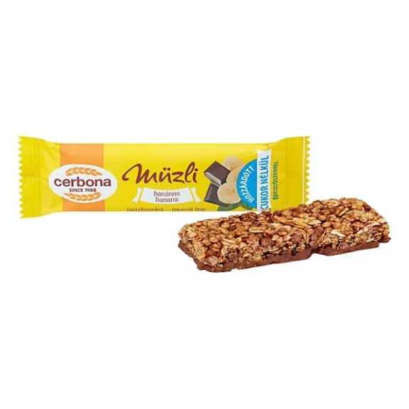 Müzliszelet CERBONA csokoládés és banános kakaós bevonóval 20 g Müzliszelet CERBONA csokoládés és banános kakaós bevonóval 20 g