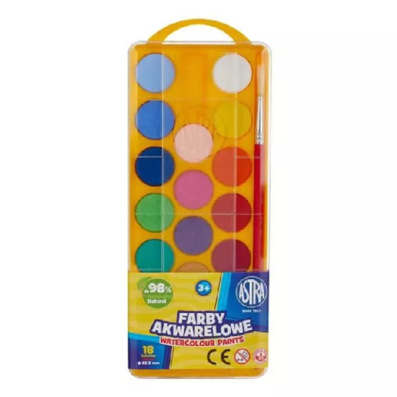 Vízfesték ASTRA 23,5 mm ajándék ecsettel 18 darabos Vízfesték ASTRA 23,5 mm ajándék ecsettel 18 darabos
