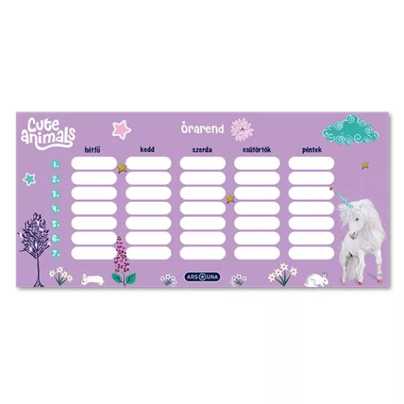 Órarend ARS UNA egylapos kétoldalas Cute Animals-Unicorn Órarend ARS UNA egylapos kétoldalas Cute Animals-Unicorn