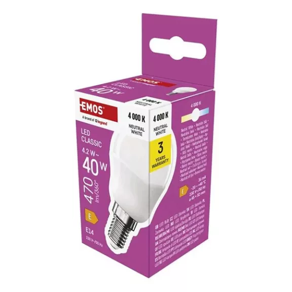 LED izzó EMOS E14 kisgömb 4,2W természtes fény 4000K LED izzó EMOS E14 kisgömb 4,2W természtes fény 4000K