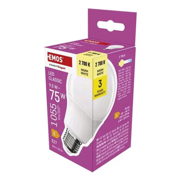 LED izzó EMOS E27 9,5W meleg fény 2700K LED izzó EMOS E27 9,5W meleg fény 2700K