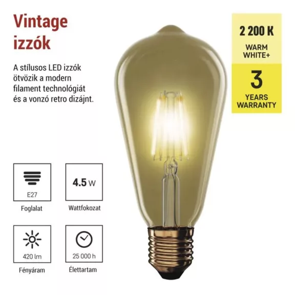 LED izzó EMOS Vintage E27 4,5 W természetes fény 2200K LED izzó EMOS Vintage E27 4,5 W természetes fény 2200K