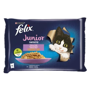   Állateledel alutasakos FELIX Fantastic Junior macskáknak csirke-lazac válogatás aszpikban 4x85 g