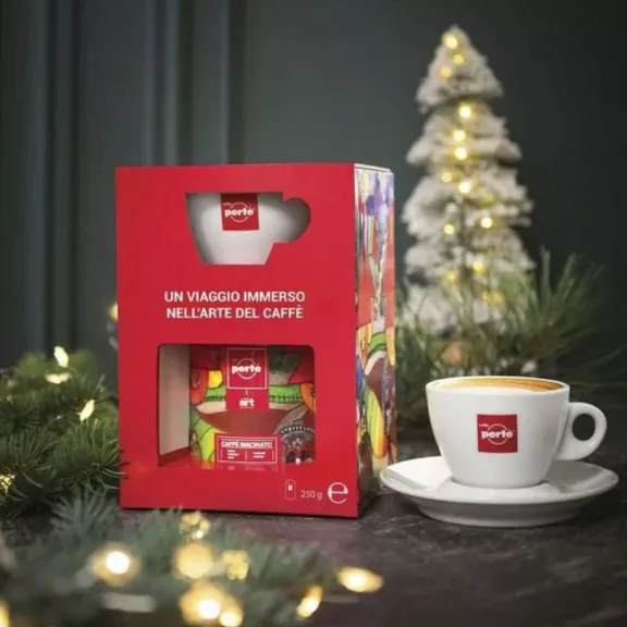 Ajándékcsomag CAFFÉ PERTÉ Art of Coffee szemes kávé hengerben 250 g + csésze szett Ajándékcsomag CAFFÉ PERTÉ Art of Coffee szemes kávé hengerben 250 g + csésze szett
