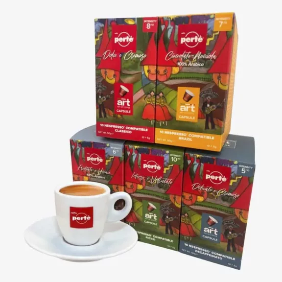 Ajándékcsomag CAFFÉ PERTÉ Art of Coffee kapszulás kóstoló csomag + csésze szett Ajándékcsomag CAFFÉ PERTÉ Art of Coffee kapszulás kóstoló csomag + csésze szett