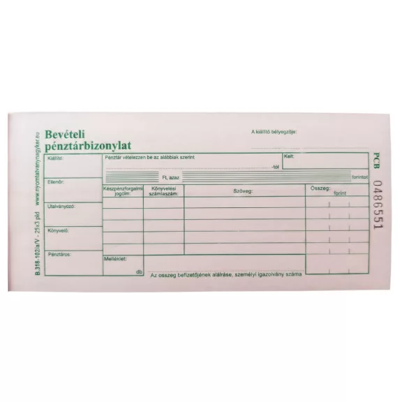 Bevételi pénztárbizonylat 25x3lapos B.318-102/A/V Bevételi pénztárbizonylat 25x3lapos B.318-102/A/V