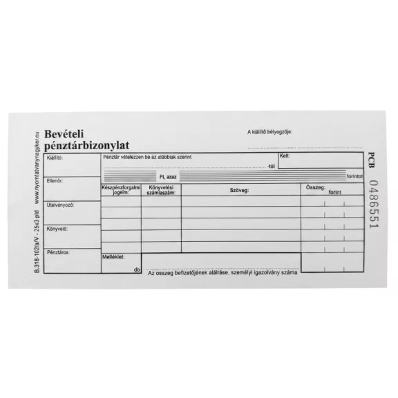 Bevételi pénztárbizonylat 25x3lapos B.318-102/A/V Bevételi pénztárbizonylat 25x3lapos B.318-102/A/V
