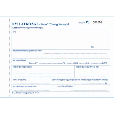 Jármű tömegbizonylat - Nyilatkozat 25x3 lapos tömb