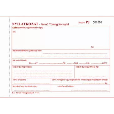 Jármű tömegbizonylat - Nyilatkozat 25x3 lapos tömb