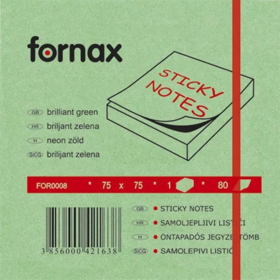 Jegyzettömb öntapadó, 75x75mm, 80lap, Fornax neon zöld Jegyzettömb öntapadó, 75x75mm, 80lap, Fornax neon zöld