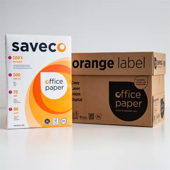Másolópapír A4, 80g, újrahasznosított ISO 70 fehérségű Saveco Orange Label 500ív/csomag Másolópapír A4, 80g, újrahasznosított ISO 70 fehérségű Saveco Orange Label 500ív/csomag