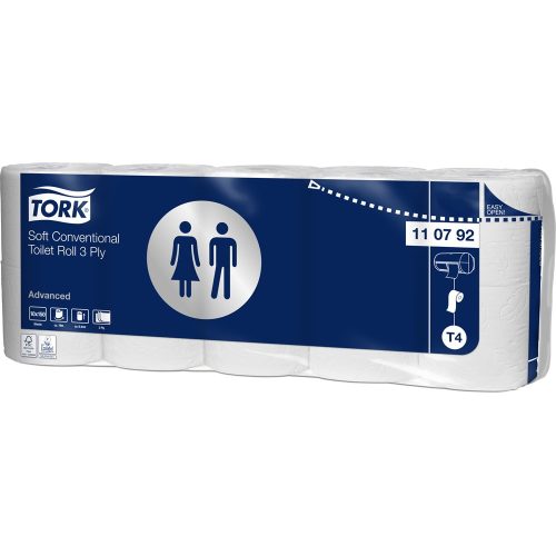 Toalettpapír 3 rétegű átmérő: 12 cm 150 lap/19,4 m/tekercs 10 tekercs/csomag Soft T4 Tork_110792 fehér