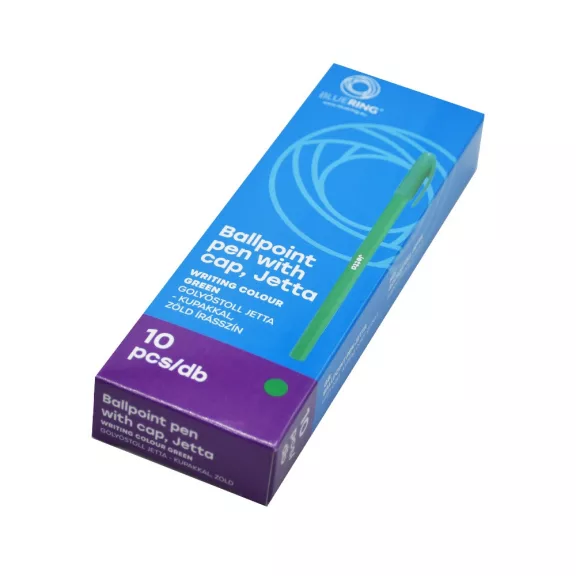 Golyóstoll 0,7mm eldobható, hatszögletű test kupakos Bluering® Jetta, írásszín zöld Golyóstoll 0,7mm eldobható, hatszögletű test kupakos Bluering® Jetta, írásszín zöld