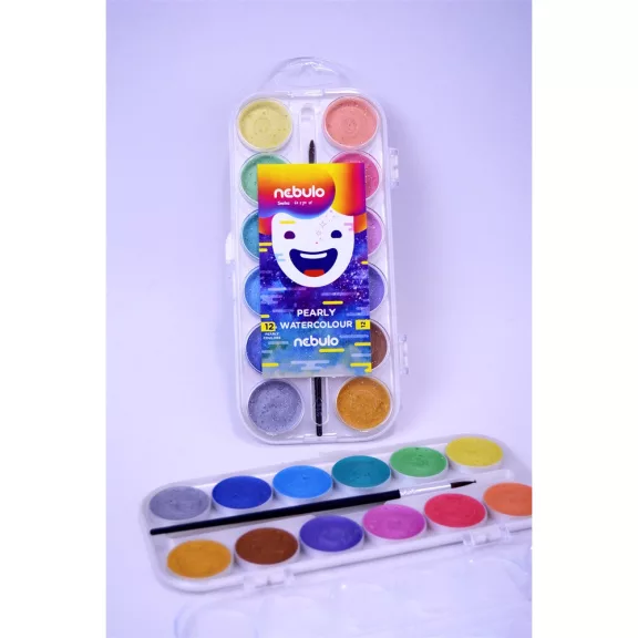 Vízfesték készlet, 12db-os, gyöngyház színű, 30mm festékgombokkal Nebulo Vízfesték készlet, 12db-os, gyöngyház színű, 30mm festékgombokkal Nebulo