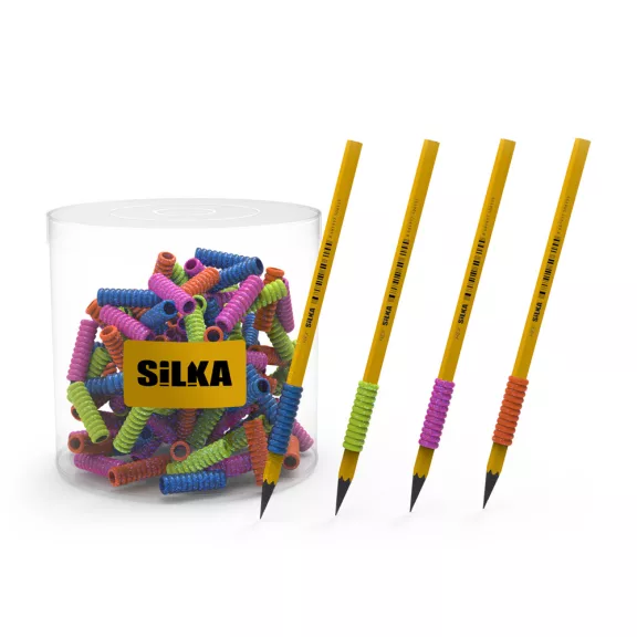 Ceruza markolat, spirál, szilikon, csillám, 72 db/display, Silka Ceruza markolat, spirál, szilikon, csillám, 72 db/display, Silka