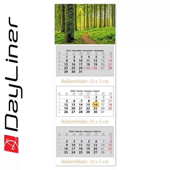 Speditőr naptár 3 tömb, 3 hónap SP-3 330 × 880 mm, fehér lapokkal Erdő Dayliner 2027. Speditőr naptár 3 tömb, 3 hónap SP-3 330 × 880 mm, fehér lapokkal Erdő Dayliner 2027.
