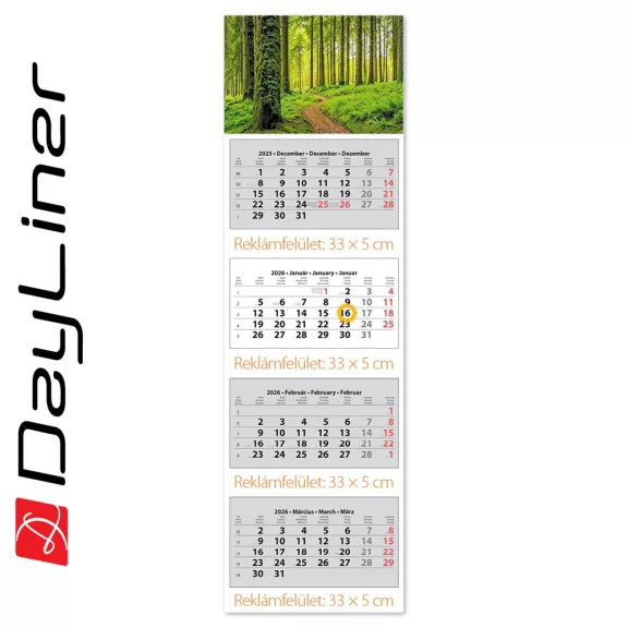 Speditőr naptár 4 tömb, 4 hónap SP-4 330 × 1100 mm, fehér lapokkal Erdő Dayliner 2027. Speditőr naptár 4 tömb, 4 hónap SP-4 330 × 1100 mm, fehér lapokkal Erdő Dayliner 2027.