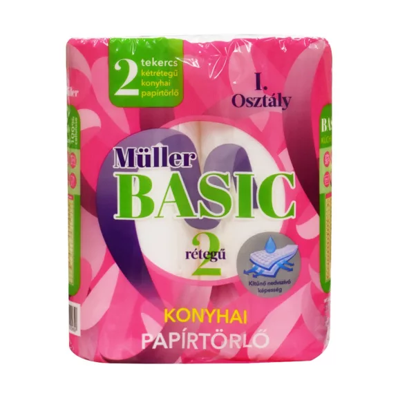 Papírtörlő konyhai 2 rétegű átmérő: 10,2 cm 40 lap/8,5 méter/tekercs 2 tekercs/csomag Basic Müller fehér Papírtörlő konyhai 2 rétegű átmérő: 10,2 cm 40 lap/8,5 méter/tekercs 2 tekercs/csomag Basic Müller fehér