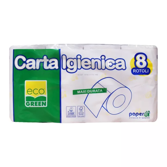 Toalettpapír 2 rétegű kistekercses 200 lap/21 m/tekercs 8 tekercs/csomag Carta Igienica Maxi Durata EcoGreen Paperdi Toalettpapír 2 rétegű kistekercses 200 lap/21 m/tekercs 8 tekercs/csomag Carta Igienica Maxi Durata EcoGreen Paperdi