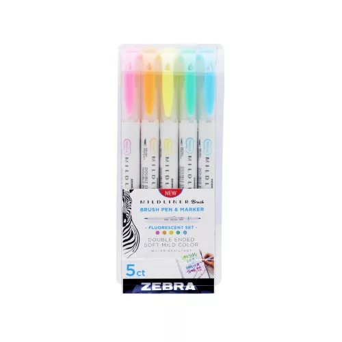Ecsettoll készlet, kétvégű Zebra Mildliner Fluorescent, 5 különböző szín