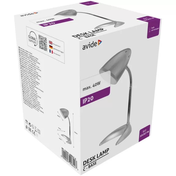 Asztali lámpa, Basic, C-talpas, max. 40W, AVIDE, ezüst Asztali lámpa, Basic, C-talpas, max. 40W, AVIDE, ezüst