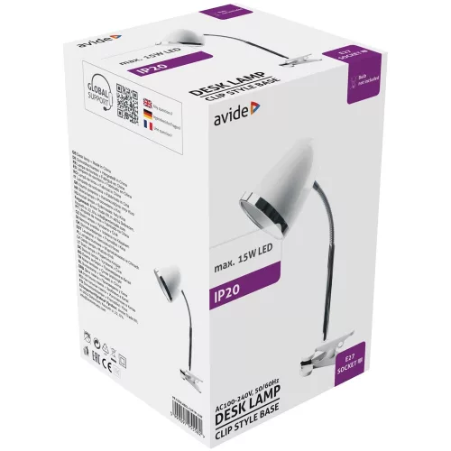 Asztali lámpa, csiptethető, E27, max. 15W, AVIDE, fehér