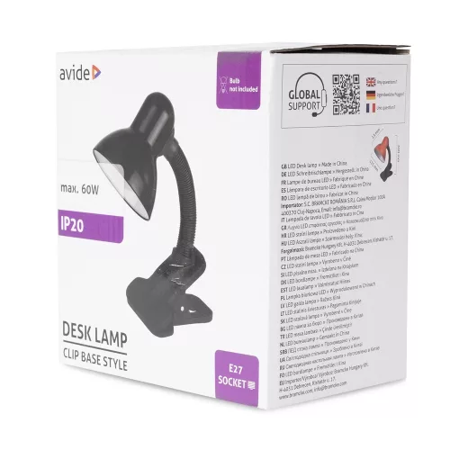 Asztali lámpa, Basic csiptethető, max. 60W, AVIDE, fekete