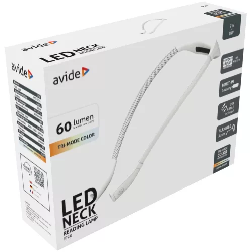Olvasólámpa, LED, flexibilis nyakkal, 2W, AVIDE, fehér