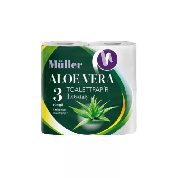 Toalettpapír 3 rétegű kistekercses 100% cellulóz 100 lap/tekercs 4 tekercs/csomag Aloe Vera Müller fehér Toalettpapír 3 rétegű kistekercses 100% cellulóz 100 lap/tekercs 4 tekercs/csomag Aloe Vera Müller fehér