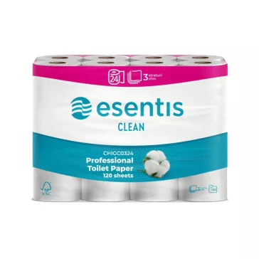   Toalettpapír 3 rétegű kistekercses 100% cellulóz 120 lap/tekercs 14m/tekercs 24 tekercs/csomag Esentis Clean