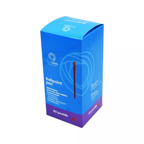 Golyóstoll 0,5mm eldobható kupakos kerek test bordázott fogórész Bluering® , írásszín piros Golyóstoll 0,5mm eldobható kupakos kerek test bordázott fogórész Bluering® , írásszín piros