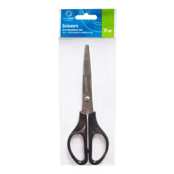 Olló 17cm, műanyag fekete nyél hegyes penge Bluering® Olló 17cm, műanyag fekete nyél hegyes penge Bluering®