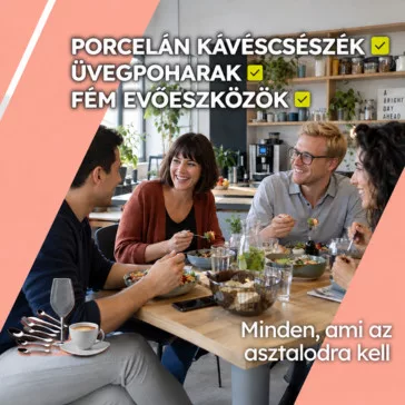 Porcelán kávéscsészék, üvegpoharak és evőeszközök